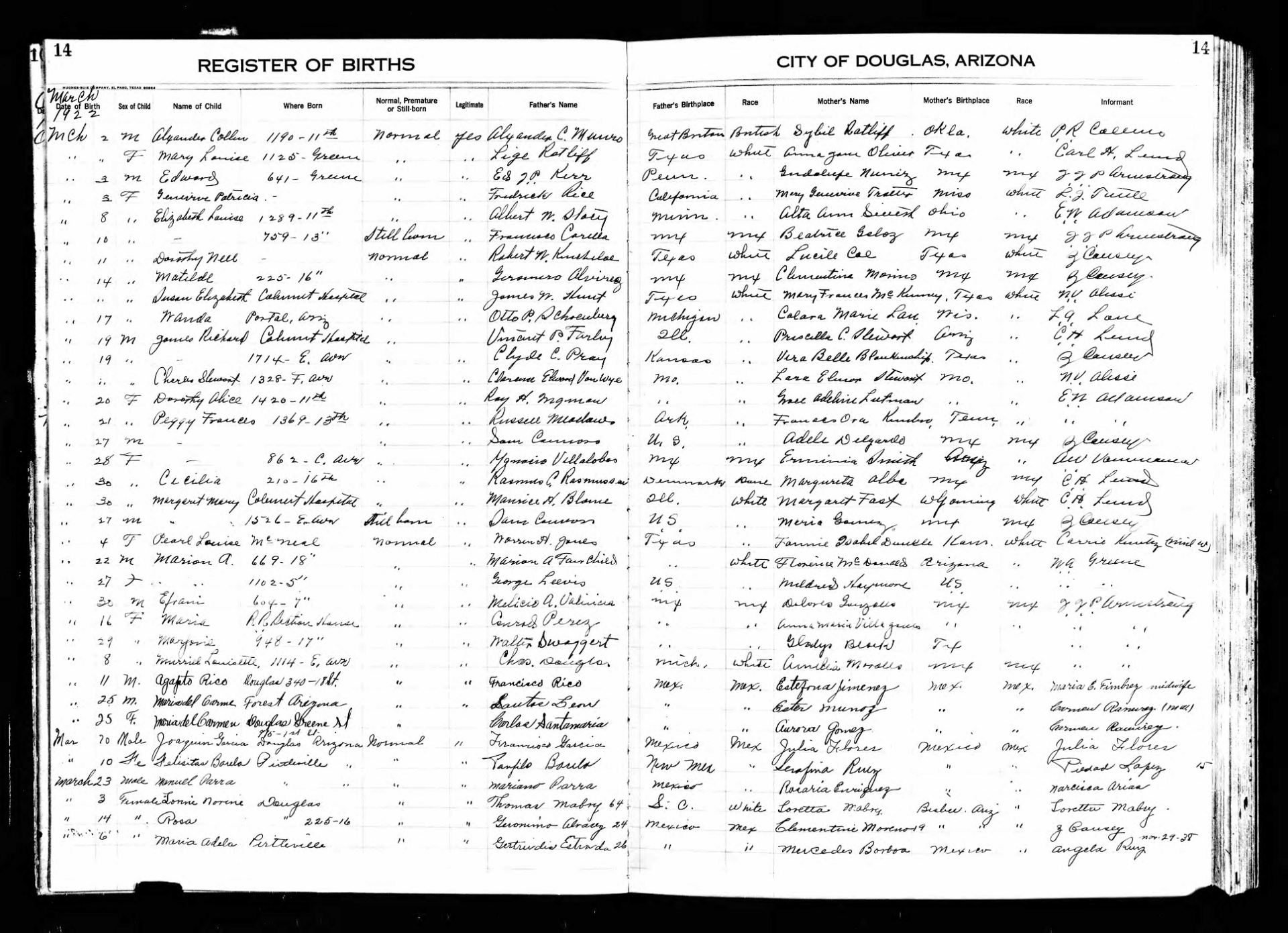 copy of the Register of Births from the Arizona History and Archives Division