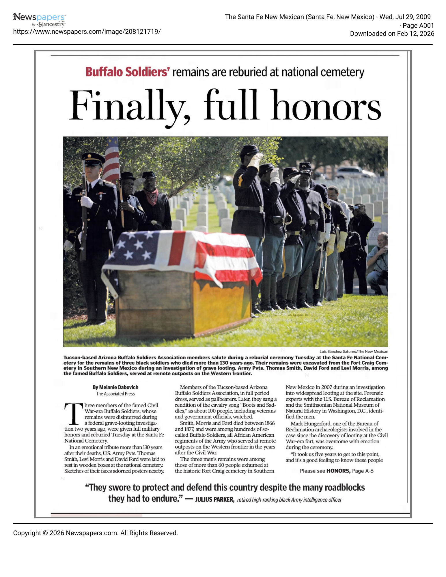 Fort Craig Buffalo Soldier reburial newspaper article