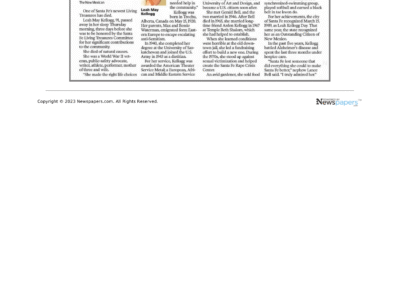 Griswold, Shaun. “Living Treasure Dies Before Being Honored.” Santa Fe New Mexican. Santa Fe, New Mexico. 11 June 2011. p. 6.