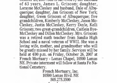“Griscom, Blanche V Griscom.” Albuquerque Journal: Obituaries. Albuquerque, New Mexico. 26 October 2007. sec. B p. 7.
