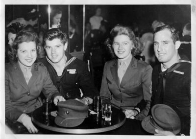 left to right: Florence Doughty, Jim Bowker USN (brother-in-law), Perk (best friend), unknown USN
